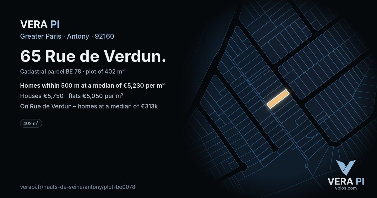 65 Rue de Verdun, Antony at night – the plot lit, the parcels around coloured by the prices near them