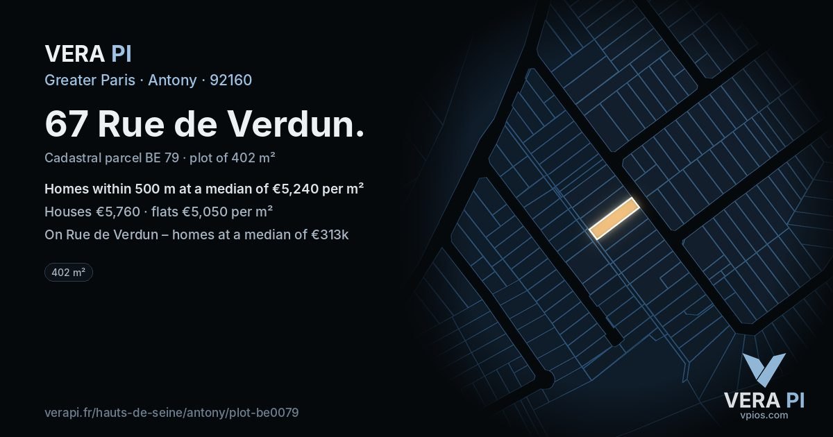 67 Rue de Verdun, Antony at night – the plot lit, the parcels around coloured by the prices near them