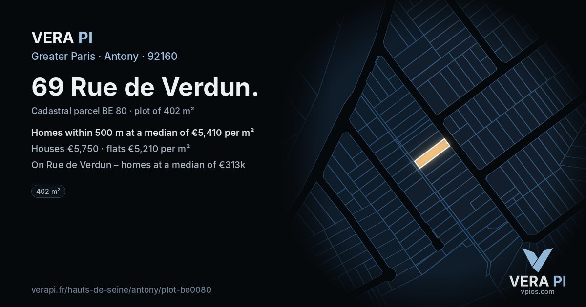 69 Rue de Verdun, Antony at night – the plot lit, the parcels around coloured by the prices near them