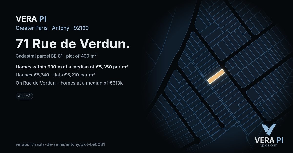 71 Rue de Verdun, Antony at night – the plot lit, the parcels around coloured by the prices near them