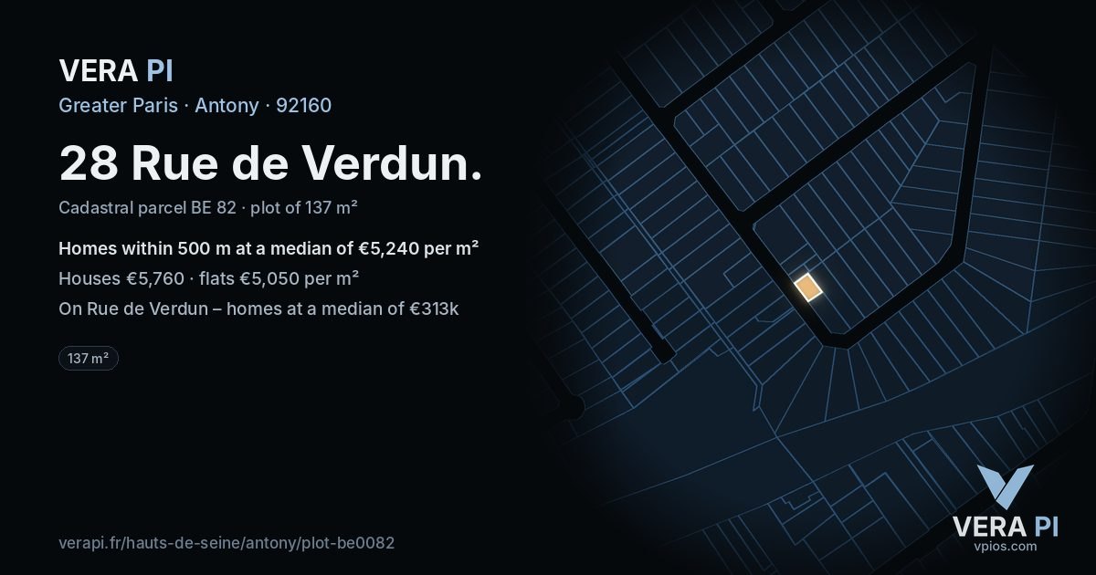 28 Rue de Verdun, Antony at night – the plot lit, the parcels around coloured by the prices near them