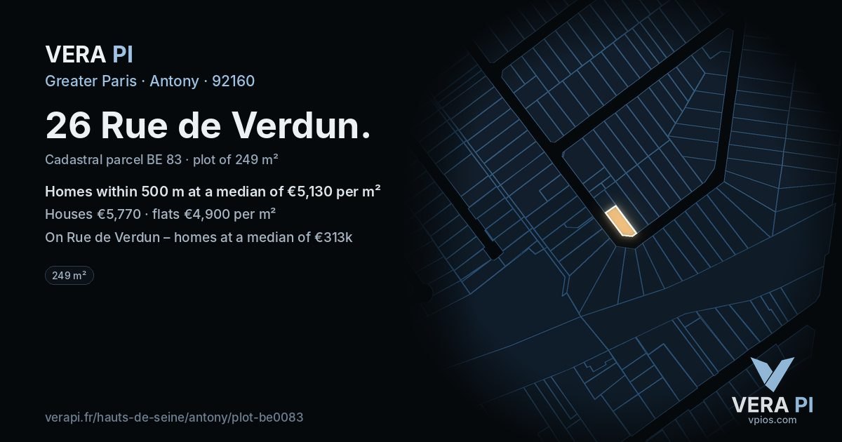 26 Rue de Verdun, Antony at night – the plot lit, the parcels around coloured by the prices near them