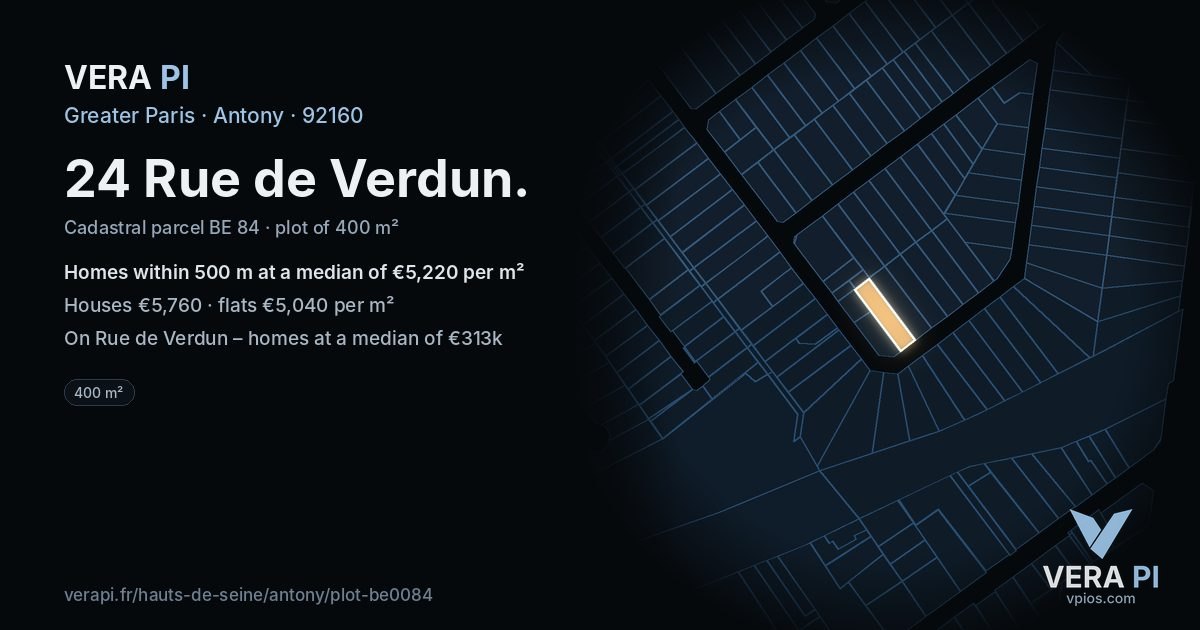 24 Rue de Verdun, Antony at night – the plot lit, the parcels around coloured by the prices near them