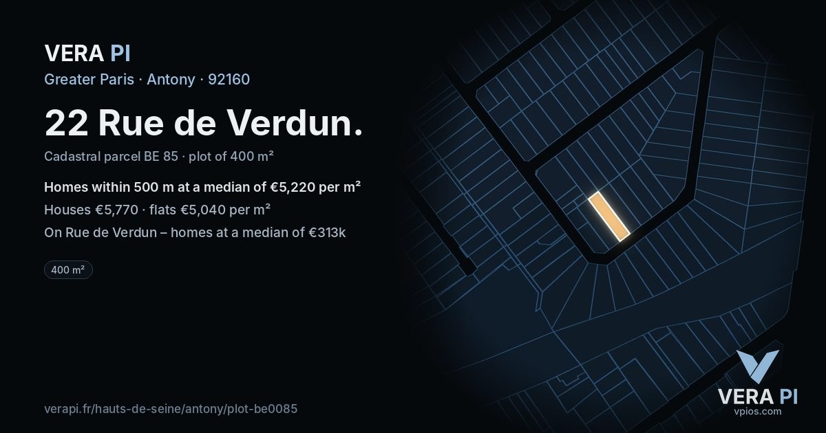 22 Rue de Verdun, Antony at night – the plot lit, the parcels around coloured by the prices near them