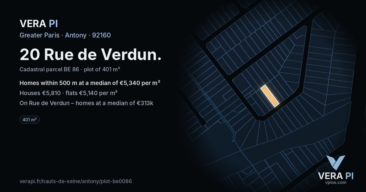 20 Rue de Verdun, Antony at night – the plot lit, the parcels around coloured by the prices near them