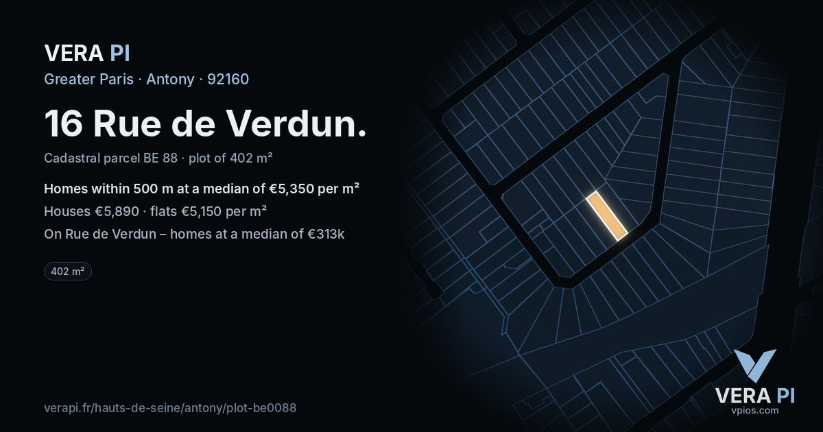 16 Rue de Verdun, Antony at night – the plot lit, the parcels around coloured by the prices near them