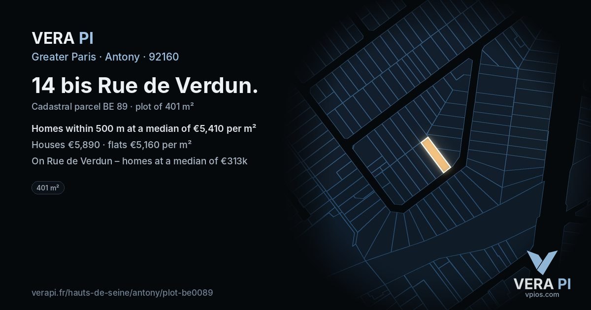 14 bis Rue de Verdun, Antony at night – the plot lit, the parcels around coloured by the prices near them
