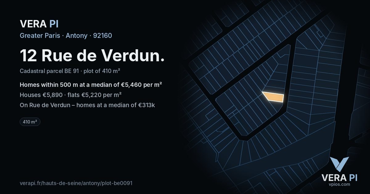 12 Rue de Verdun, Antony at night – the plot lit, the parcels around coloured by the prices near them