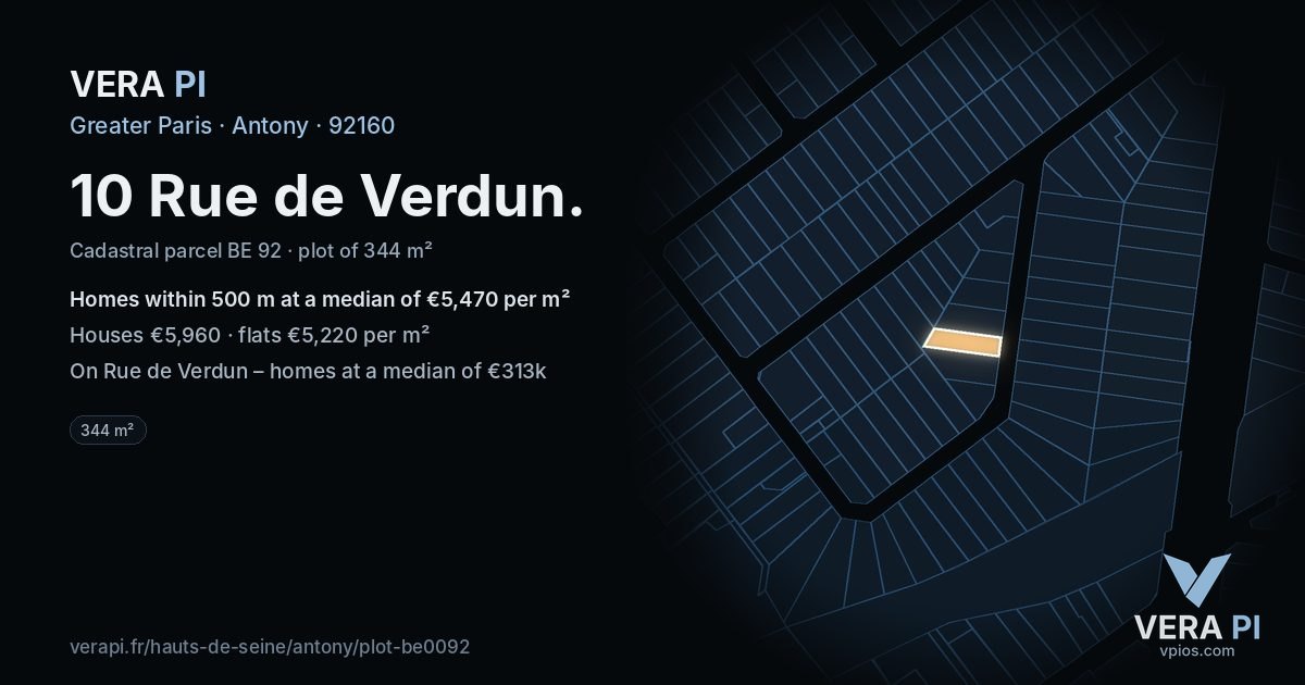 10 Rue de Verdun, Antony at night – the plot lit, the parcels around coloured by the prices near them
