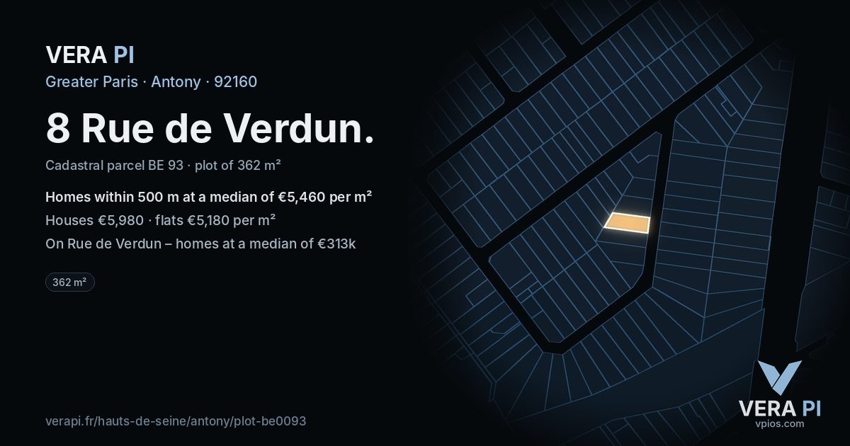 8 Rue de Verdun, Antony at night – the plot lit, the parcels around coloured by the prices near them