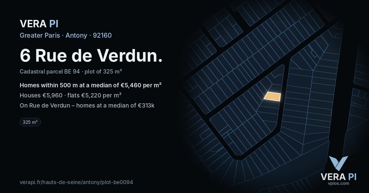 6 Rue de Verdun, Antony at night – the plot lit, the parcels around coloured by the prices near them