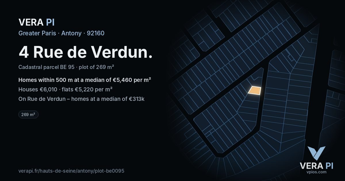 4 Rue de Verdun, Antony at night – the plot lit, the parcels around coloured by the prices near them