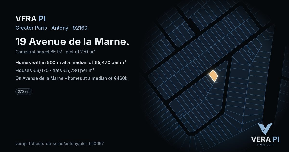 19 Avenue de la Marne, Antony at night – the plot lit, the parcels around coloured by the prices near them