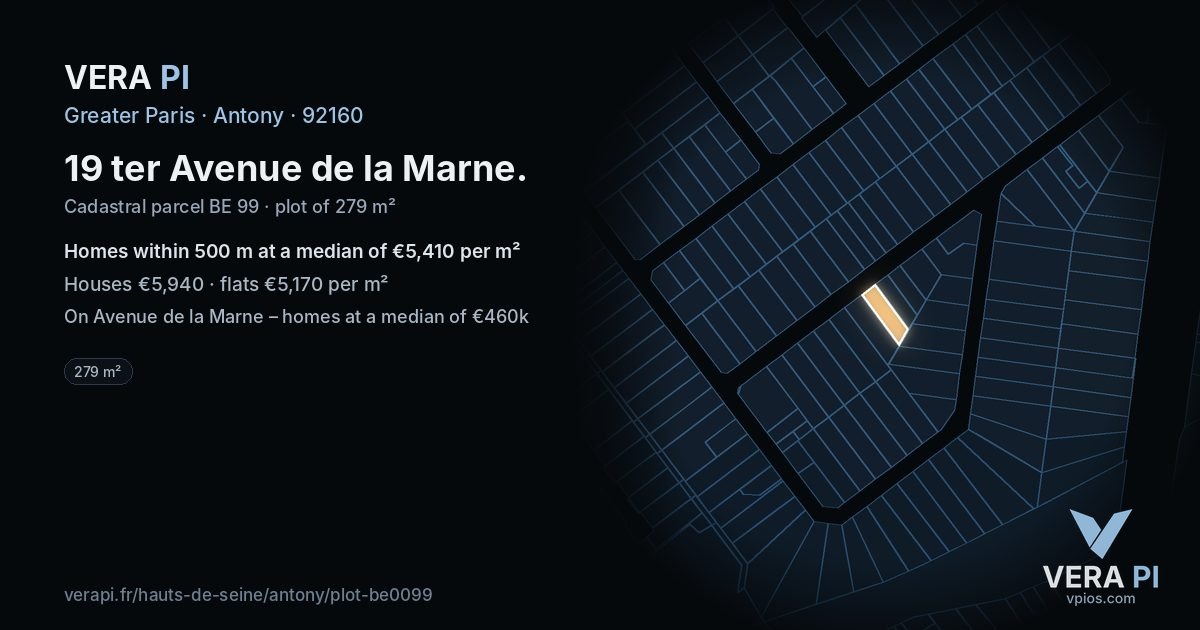 19 ter Avenue de la Marne, Antony at night – the plot lit, the parcels around coloured by the prices near them