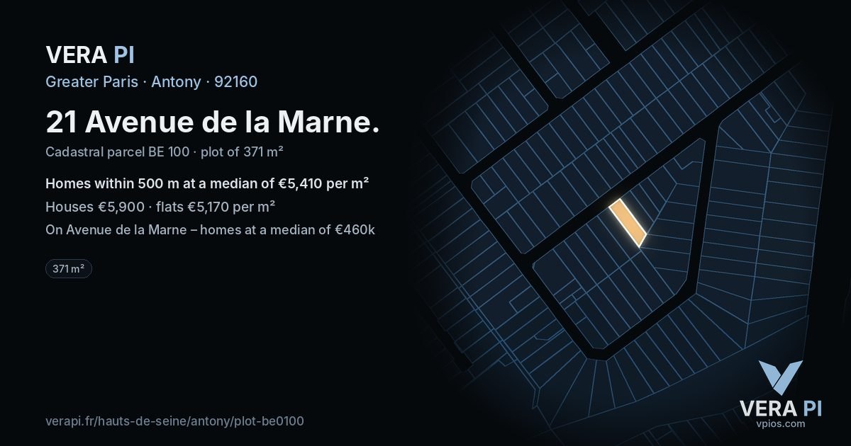 21 Avenue de la Marne, Antony at night – the plot lit, the parcels around coloured by the prices near them