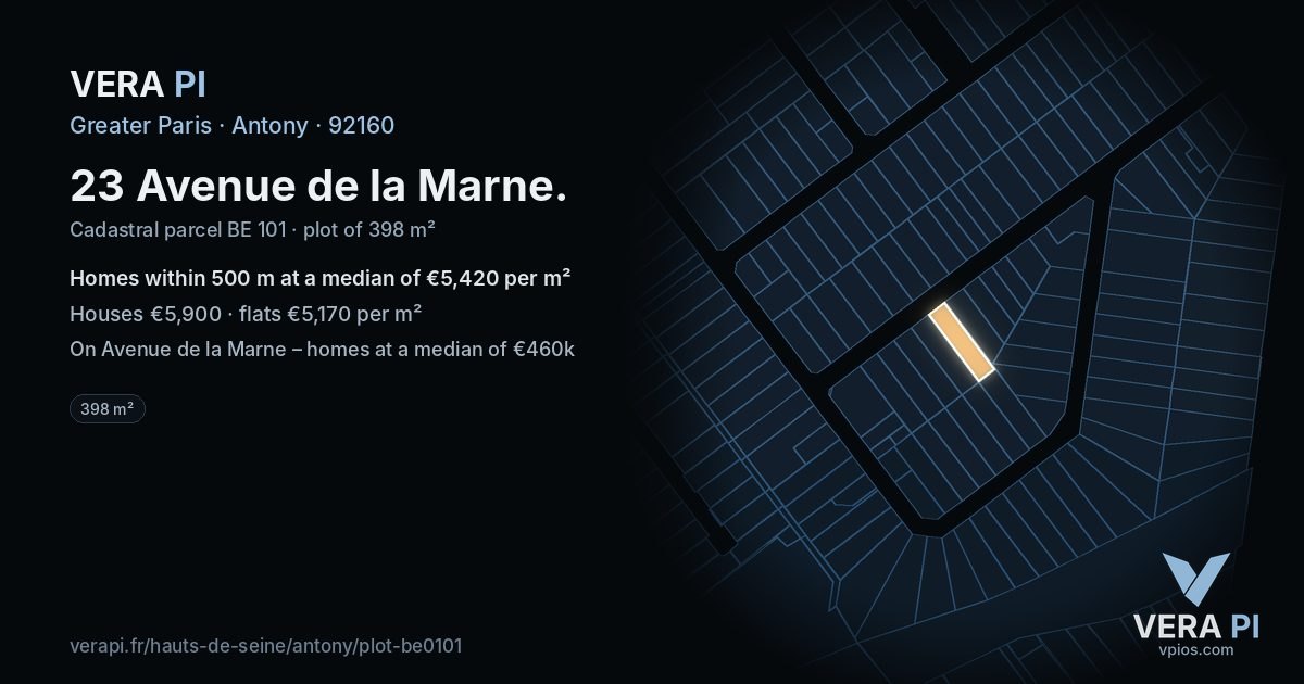 23 Avenue de la Marne, Antony at night – the plot lit, the parcels around coloured by the prices near them