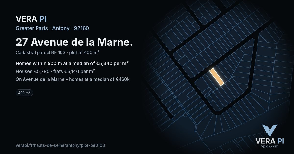 27 Avenue de la Marne, Antony at night – the plot lit, the parcels around coloured by the prices near them