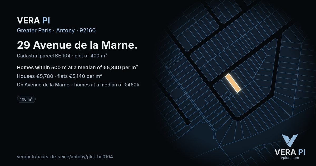 29 Avenue de la Marne, Antony at night – the plot lit, the parcels around coloured by the prices near them