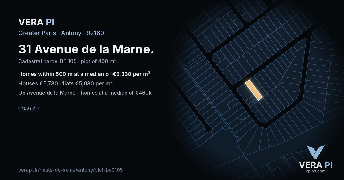 31 Avenue de la Marne, Antony at night – the plot lit, the parcels around coloured by the prices near them