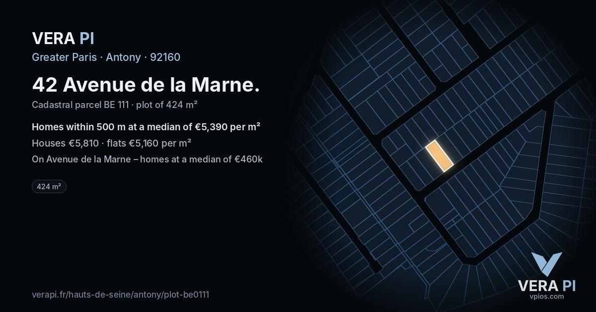 42 Avenue de la Marne, Antony at night – the plot lit, the parcels around coloured by the prices near them