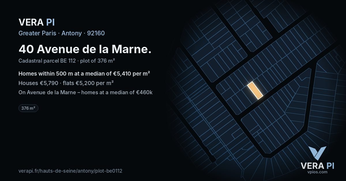 40 Avenue de la Marne, Antony at night – the plot lit, the parcels around coloured by the prices near them