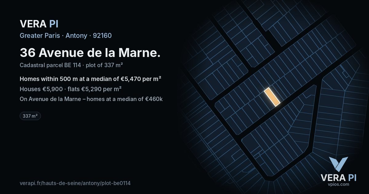 36 Avenue de la Marne, Antony at night – the plot lit, the parcels around coloured by the prices near them