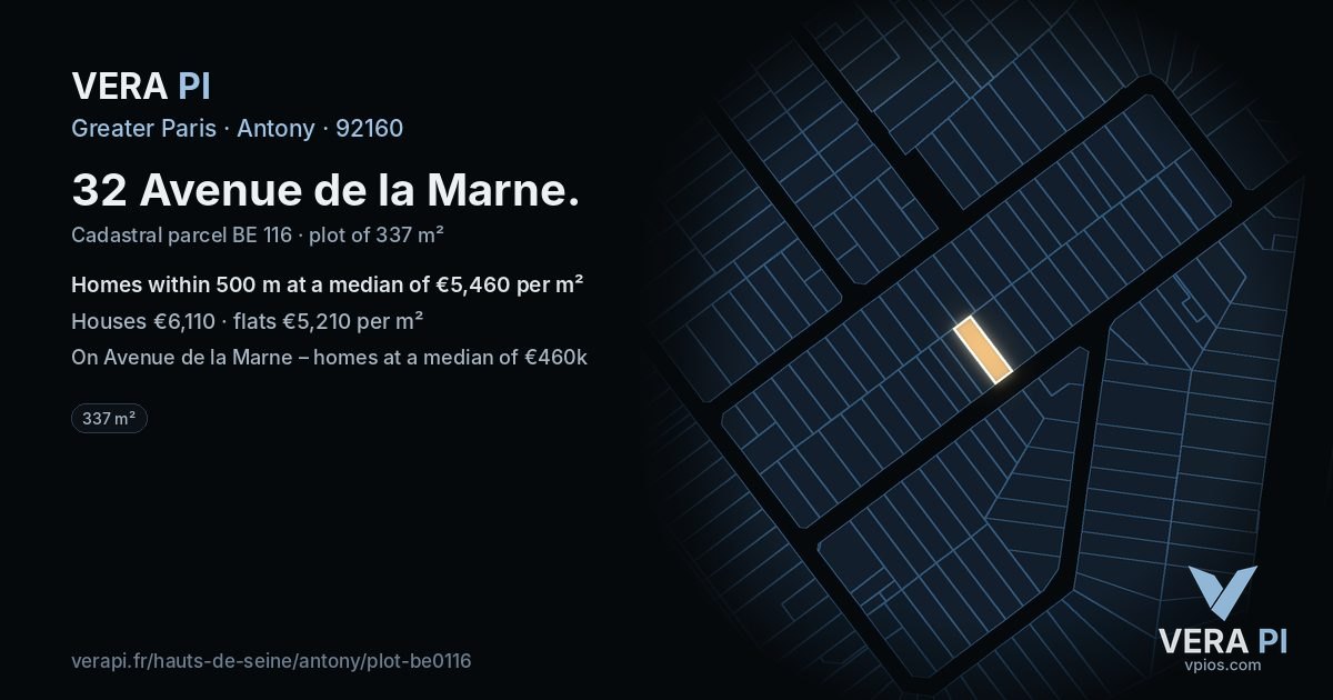 32 Avenue de la Marne, Antony at night – the plot lit, the parcels around coloured by the prices near them