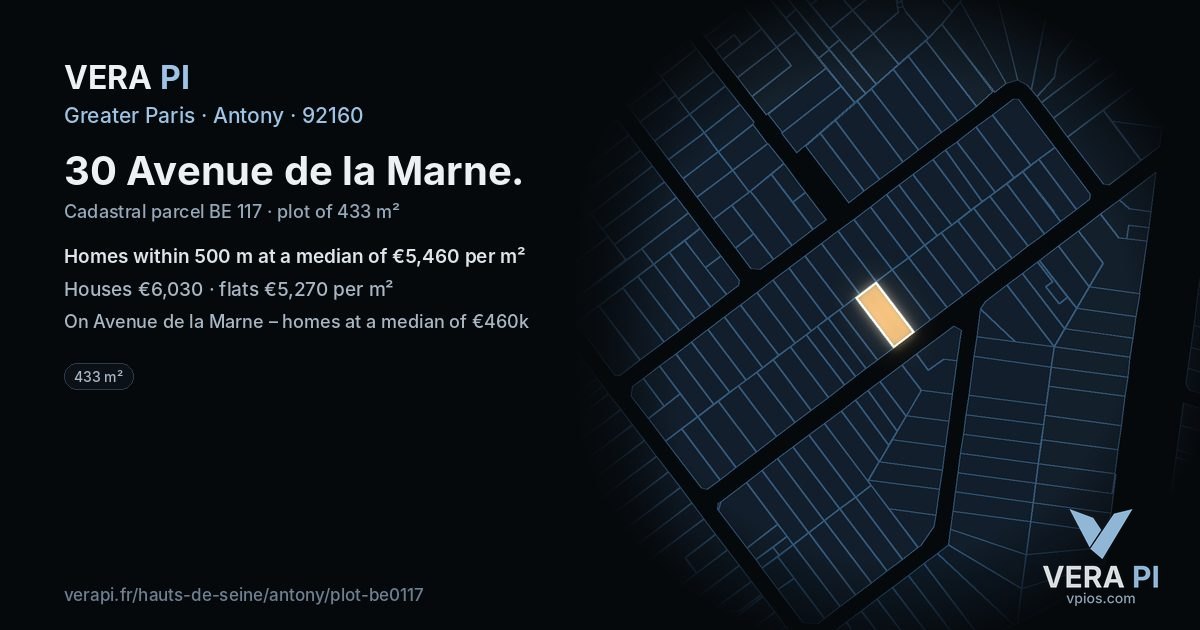 30 Avenue de la Marne, Antony at night – the plot lit, the parcels around coloured by the prices near them