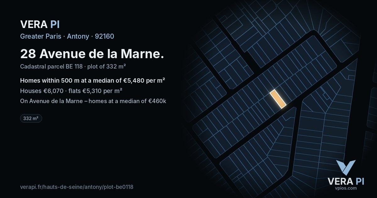 28 Avenue de la Marne, Antony at night – the plot lit, the parcels around coloured by the prices near them