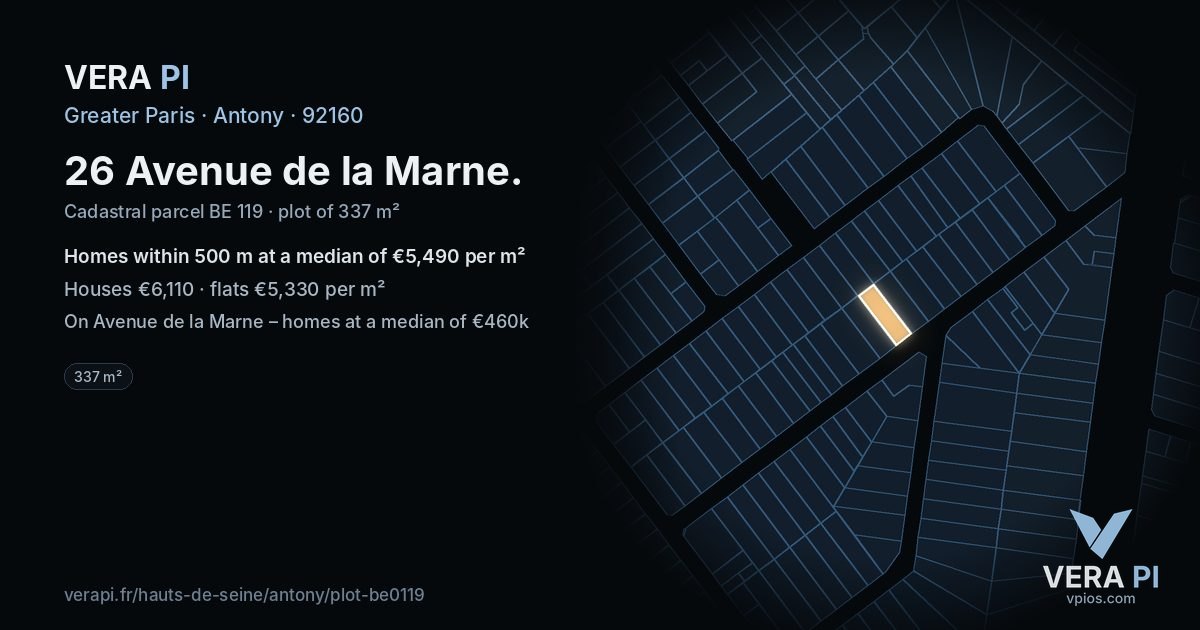 26 Avenue de la Marne, Antony at night – the plot lit, the parcels around coloured by the prices near them
