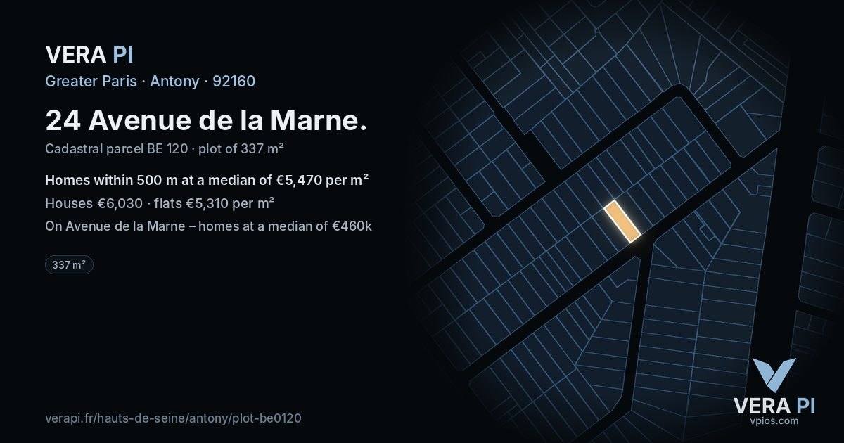 24 Avenue de la Marne, Antony at night – the plot lit, the parcels around coloured by the prices near them