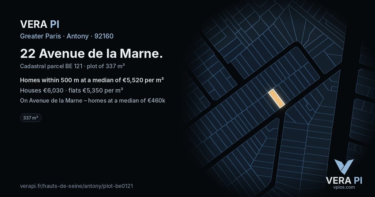 22 Avenue de la Marne, Antony at night – the plot lit, the parcels around coloured by the prices near them