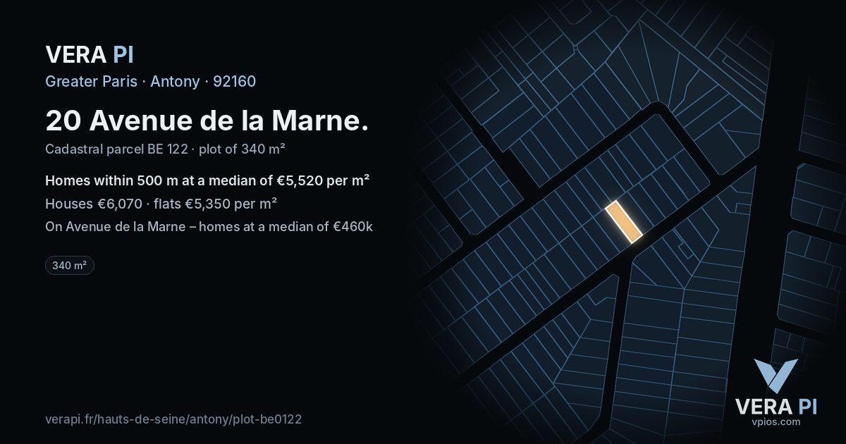 20 Avenue de la Marne, Antony at night – the plot lit, the parcels around coloured by the prices near them