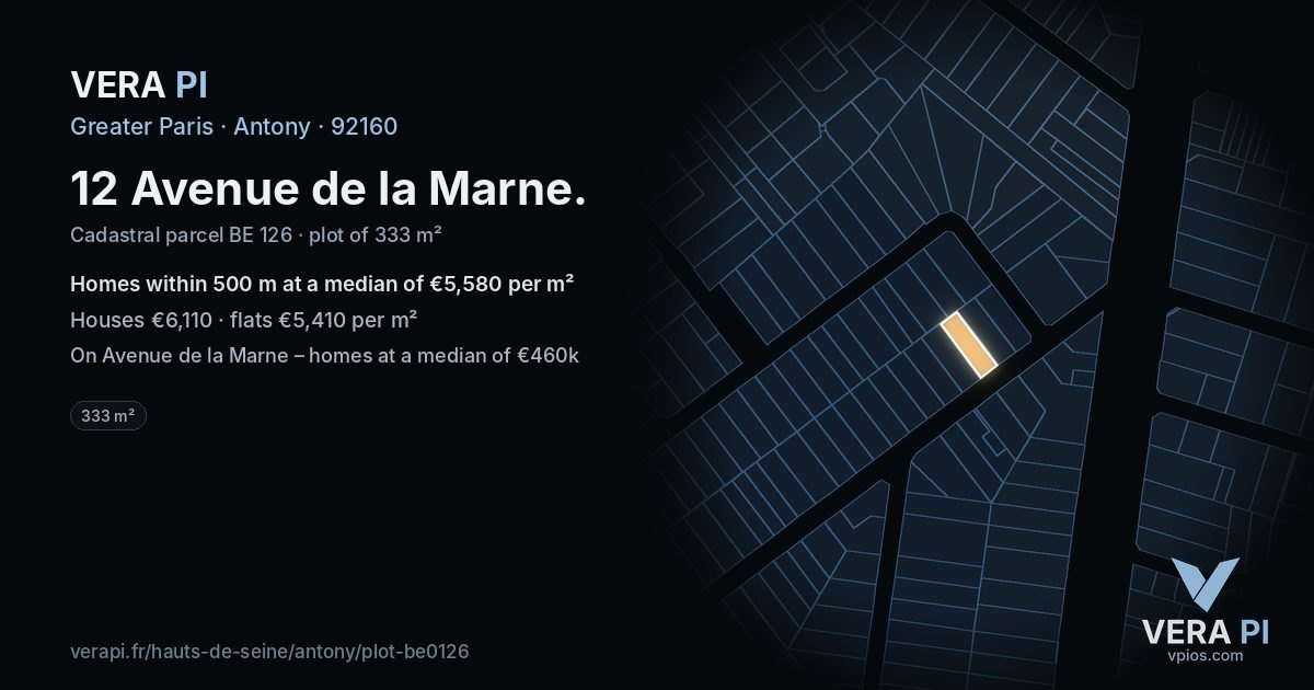12 Avenue de la Marne, Antony at night – the plot lit, the parcels around coloured by the prices near them
