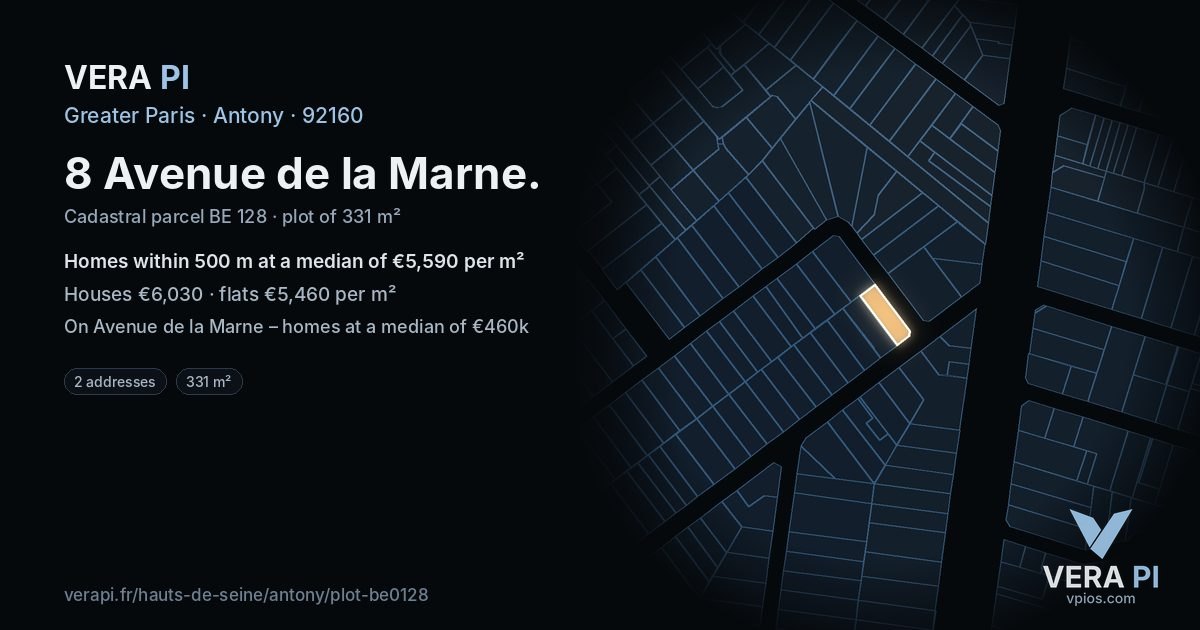 8 Avenue de la Marne, Antony at night – the plot lit, the parcels around coloured by the prices near them