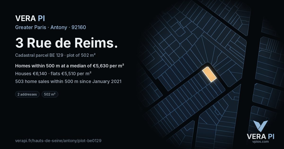 3 Rue de Reims, Antony at night – the plot lit, the parcels around coloured by the prices near them