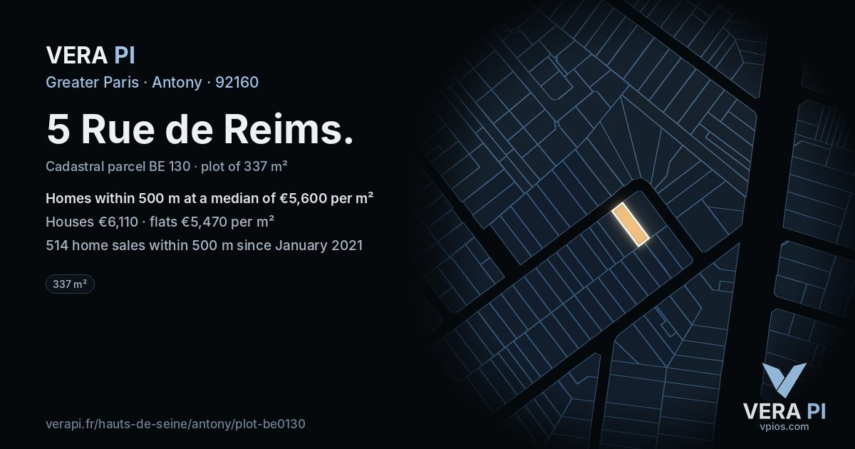 5 Rue de Reims, Antony at night – the plot lit, the parcels around coloured by the prices near them