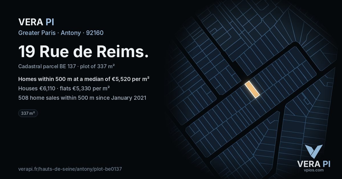 19 Rue de Reims, Antony at night – the plot lit, the parcels around coloured by the prices near them
