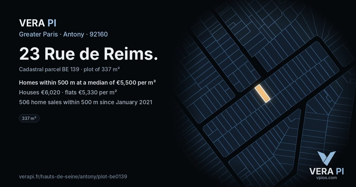 23 Rue de Reims, Antony at night – the plot lit, the parcels around coloured by the prices near them