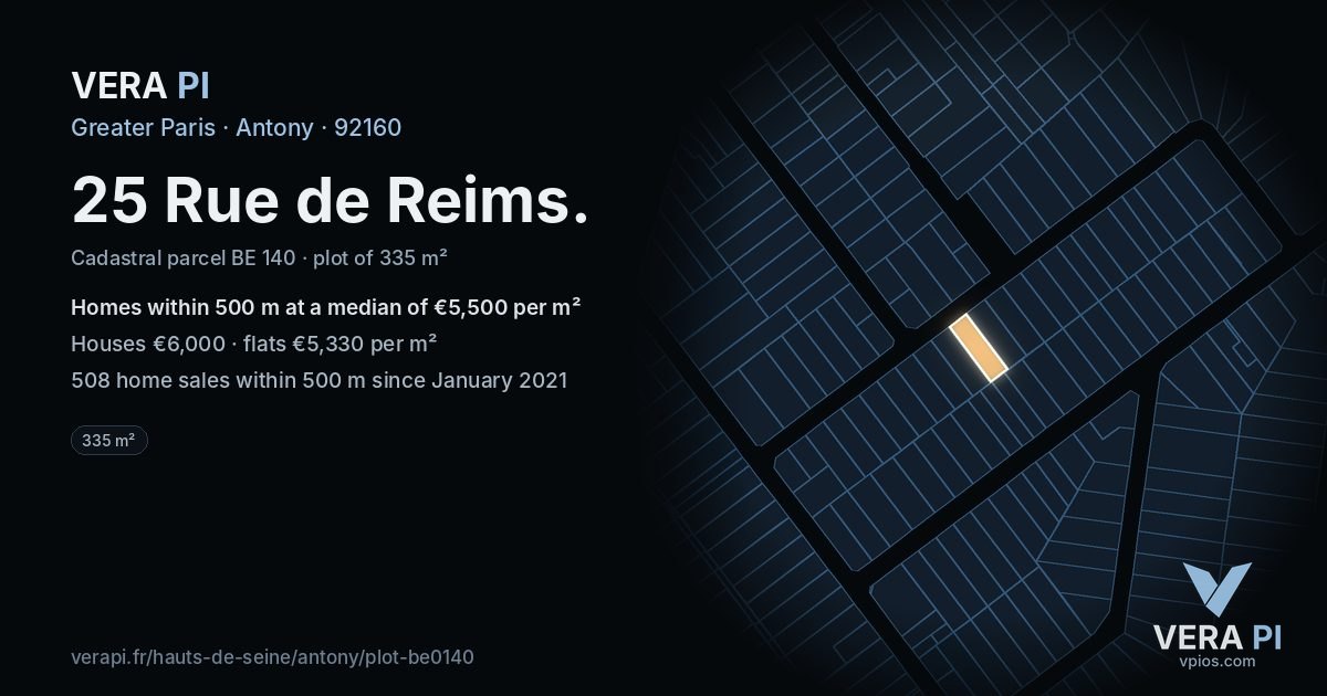 25 Rue de Reims, Antony at night – the plot lit, the parcels around coloured by the prices near them