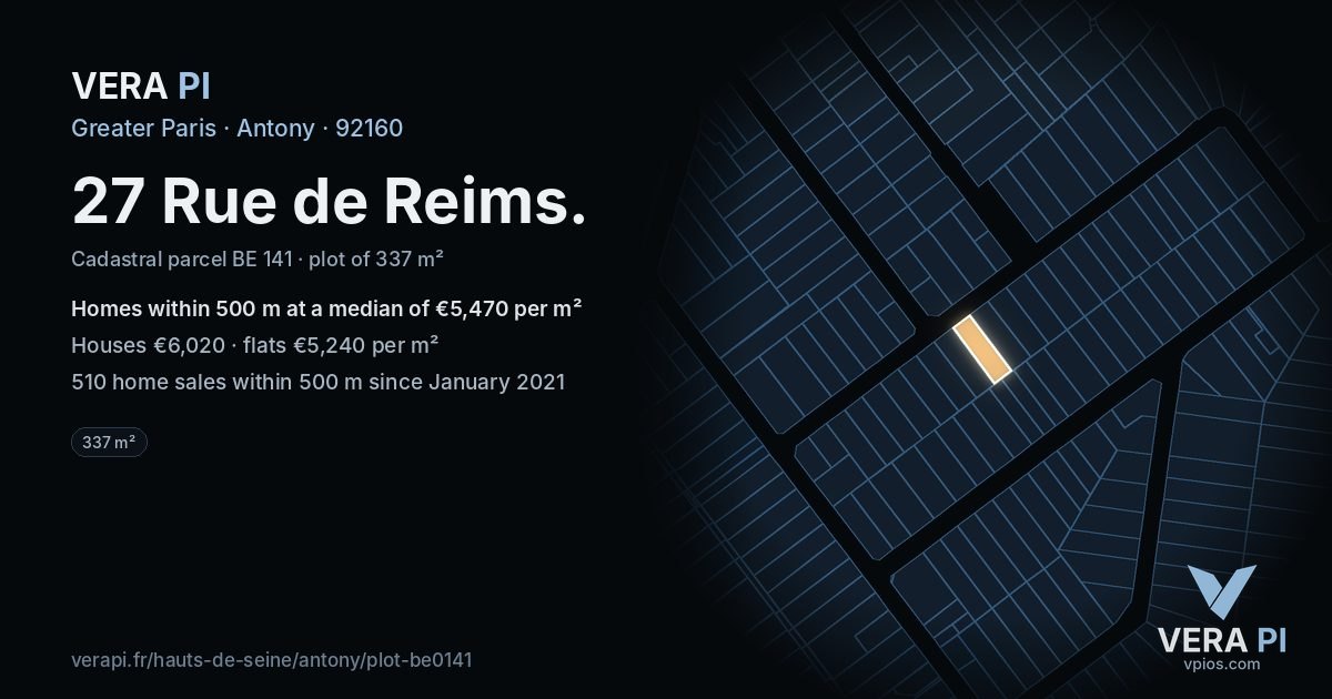 27 Rue de Reims, Antony at night – the plot lit, the parcels around coloured by the prices near them