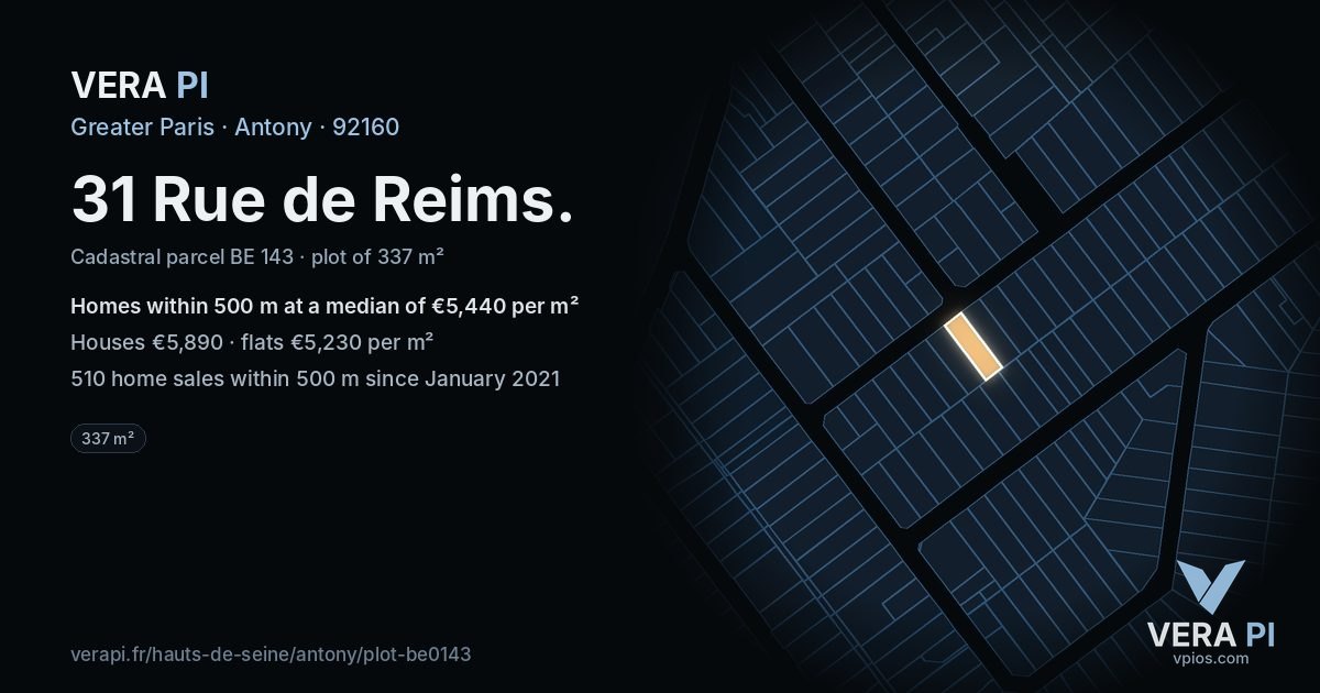 31 Rue de Reims, Antony at night – the plot lit, the parcels around coloured by the prices near them