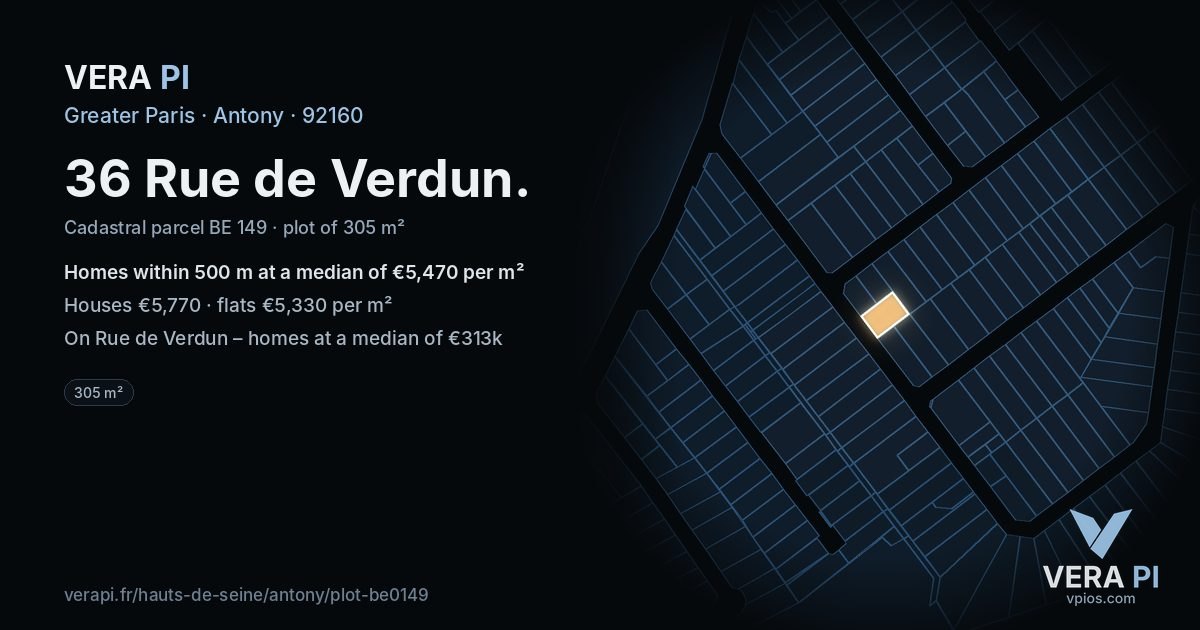 36 Rue de Verdun, Antony at night – the plot lit, the parcels around coloured by the prices near them