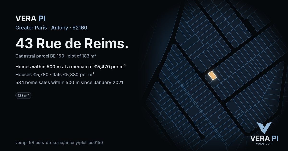 43 Rue de Reims, Antony at night – the plot lit, the parcels around coloured by the prices near them