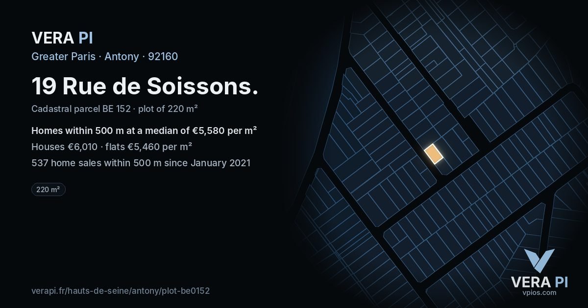 19 Rue de Soissons, Antony at night – the plot lit, the parcels around coloured by the prices near them