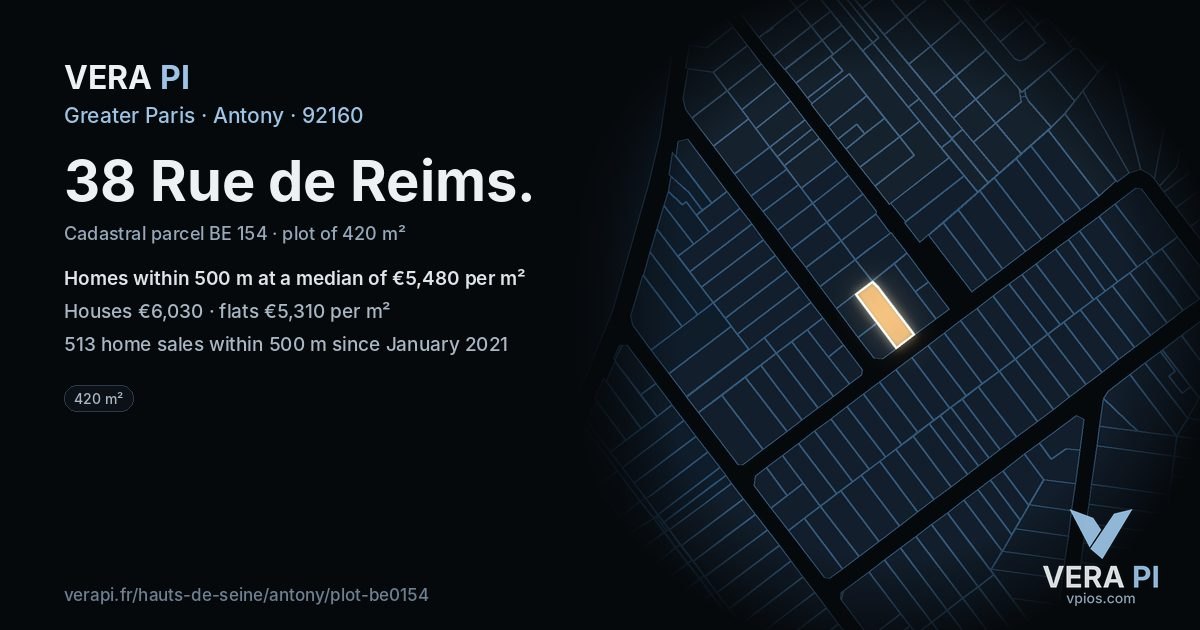 38 Rue de Reims, Antony at night – the plot lit, the parcels around coloured by the prices near them