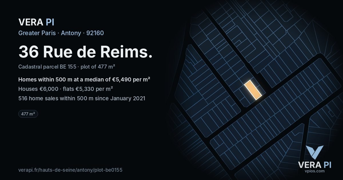 36 Rue de Reims, Antony at night – the plot lit, the parcels around coloured by the prices near them