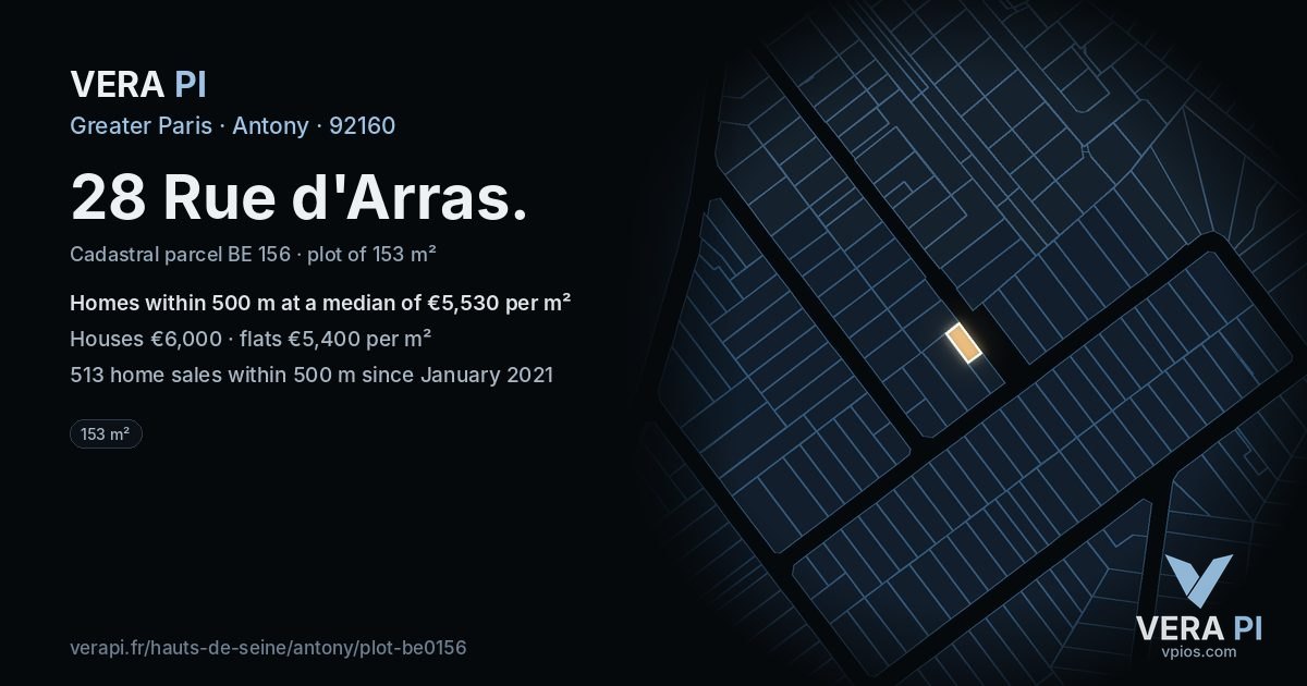 28 Rue d'Arras, Antony at night – the plot lit, the parcels around coloured by the prices near them