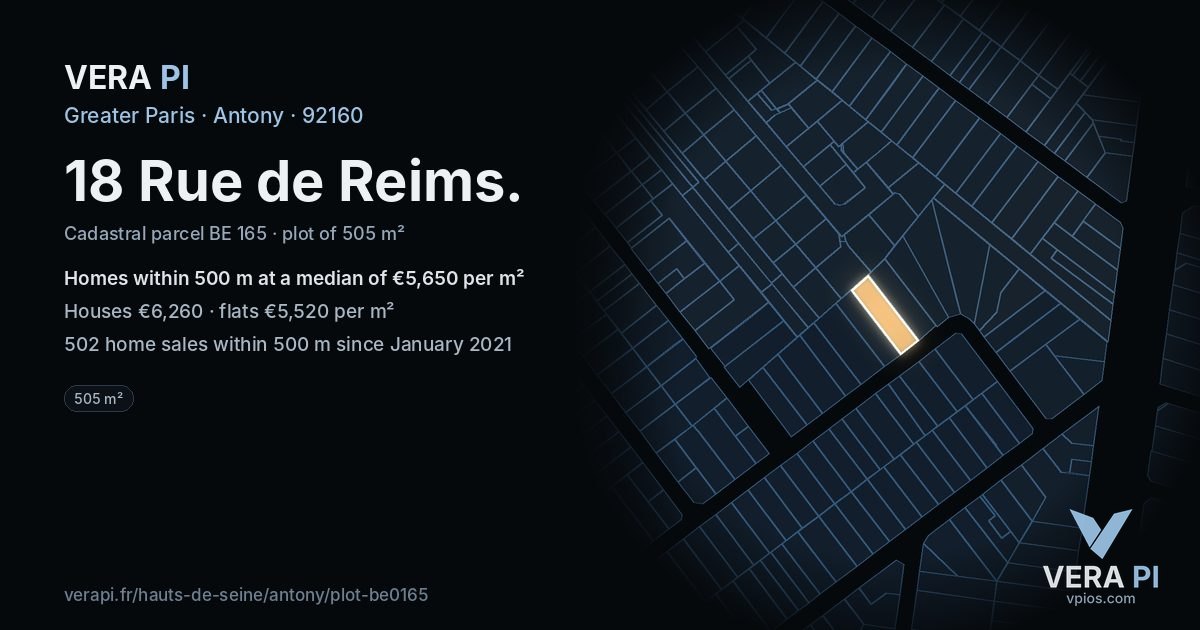 18 Rue de Reims, Antony at night – the plot lit, the parcels around coloured by the prices near them