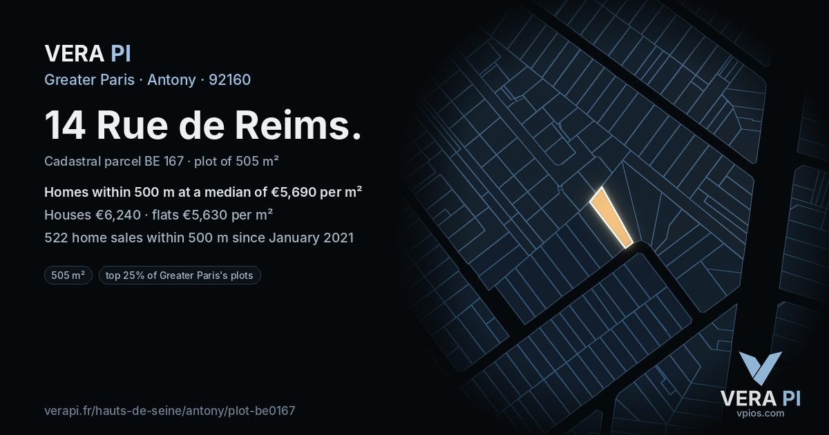 14 Rue de Reims, Antony at night – the plot lit, the parcels around coloured by the prices near them